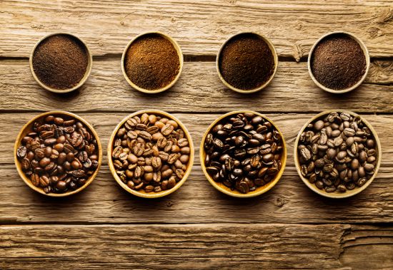 A group of five different coffee roasts