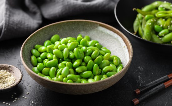 edamame beans in ceramic bowl, soybeans, selective focus